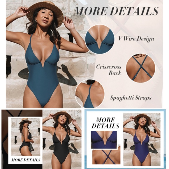 Swimsuit One Piece Bathing Suit Deep V Neck Crisscross Back Adjustable Strap - Picture 4 of 17